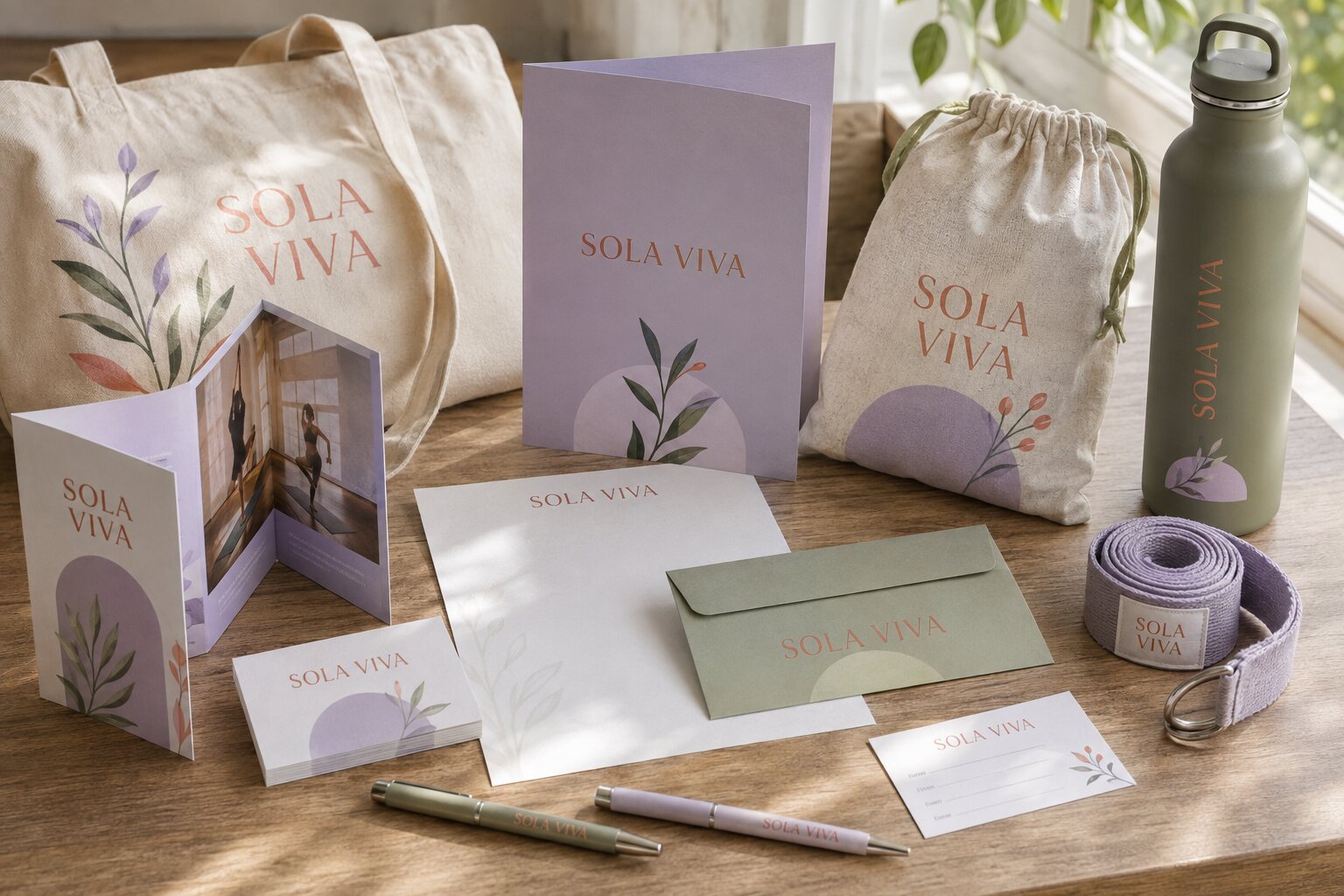 Geschäftsausstattung von Sola Viva mit Broschüren, Taschen und Fitnesszubehör