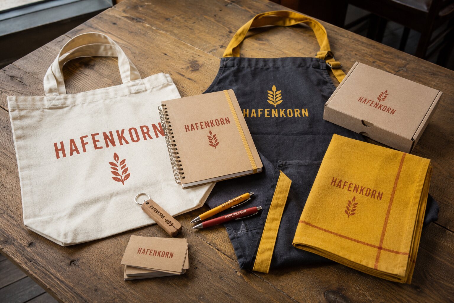 Werbeartikel von Hafenkorn mit Taschen, Schürze, Notizbuch und Kugelschreibern