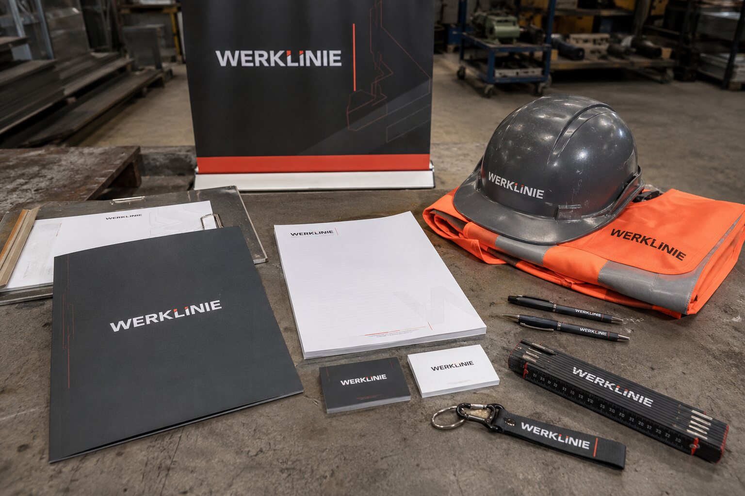Technische Geschäftsausstattung von Werklinie mit Arbeitskleidung und Printmaterial